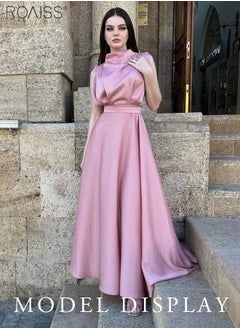 roaiss Stylish Satin Smooth Sleeveless  Polo Neck Dress Women's Daily Commuting Banquet Waist Tightening Long  A-Line High-Rise Skirt  for Ladies Ramadan Eid al-Adha  - Image 4