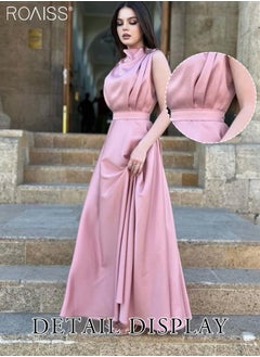 roaiss Stylish Satin Smooth Sleeveless  Polo Neck Dress Women's Daily Commuting Banquet Waist Tightening Long  A-Line High-Rise Skirt  for Ladies Ramadan Eid al-Adha  - Image 2
