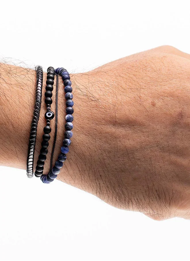 كريسوستوموس Handmade Hand Knitted Multiline Adjustable Bracelet for Men with Multi-Line Grey Larvikite Stones and Hematite Beads