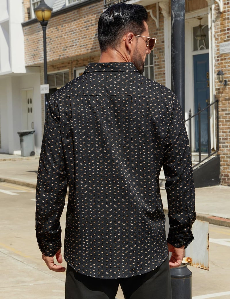 Hardaddy Men's Pattern Long Sleeve Button Down Graphic Printed Business Casual Dress Shirts with Pocket Black Coffee M - Image 4