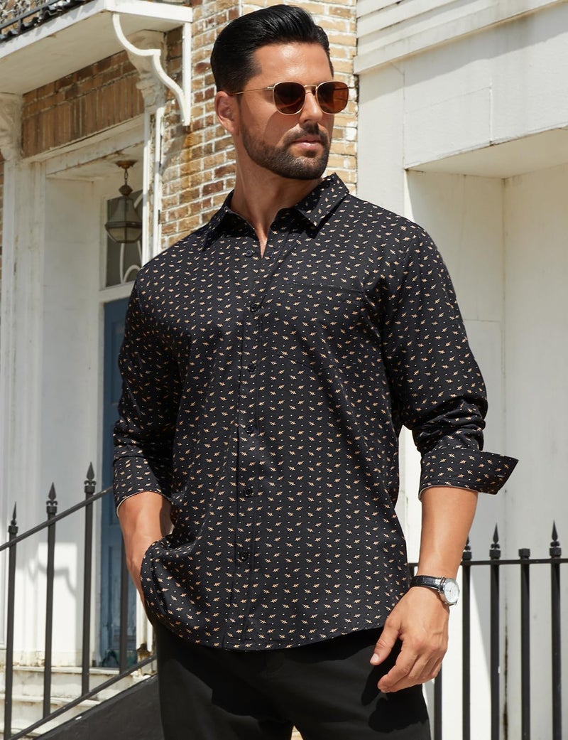 Hardaddy Men's Pattern Long Sleeve Button Down Graphic Printed Business Casual Dress Shirts with Pocket Black Coffee M - Image 2