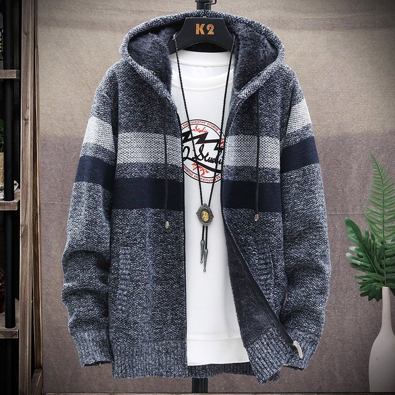 Supply 23 New Men'S Gradient Fleece-Lined Thickened Sweater Plus Size Coat Fashion Color Matching Sweater Cardigan - Image 3