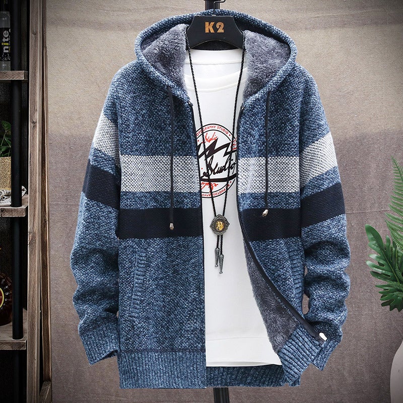 Supply 23 New Men'S Gradient Fleece-Lined Thickened Sweater Plus Size Coat Fashion Color Matching Sweater Cardigan - Image 5