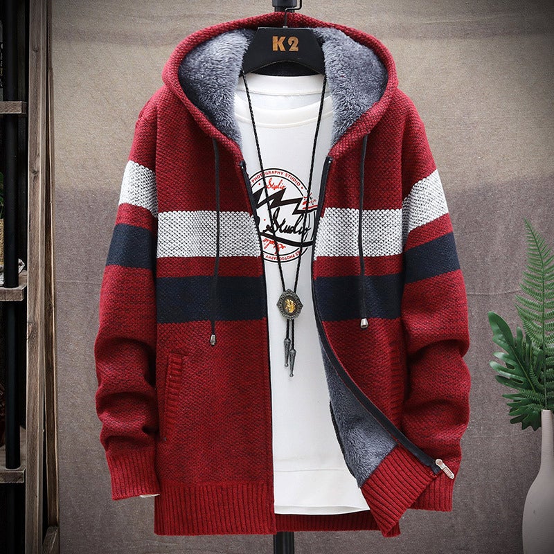 Supply 23 New Men'S Gradient Fleece-Lined Thickened Sweater Plus Size Coat Fashion Color Matching Sweater Cardigan - Image 2