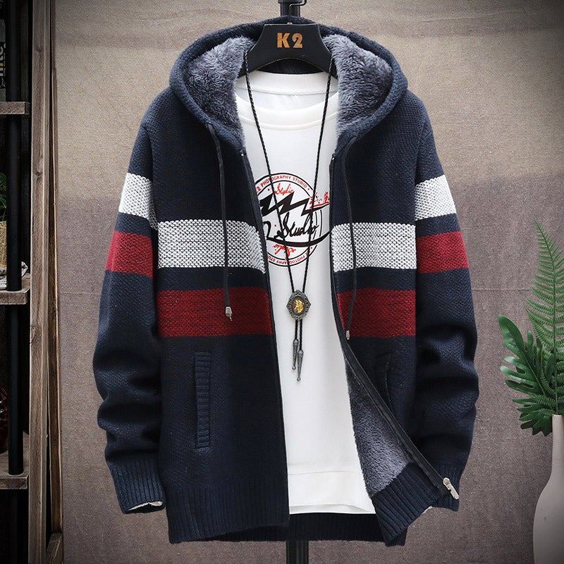 Supply 23 New Men'S Gradient Fleece-Lined Thickened Sweater Plus Size Coat Fashion Color Matching Sweater Cardigan - Image 4