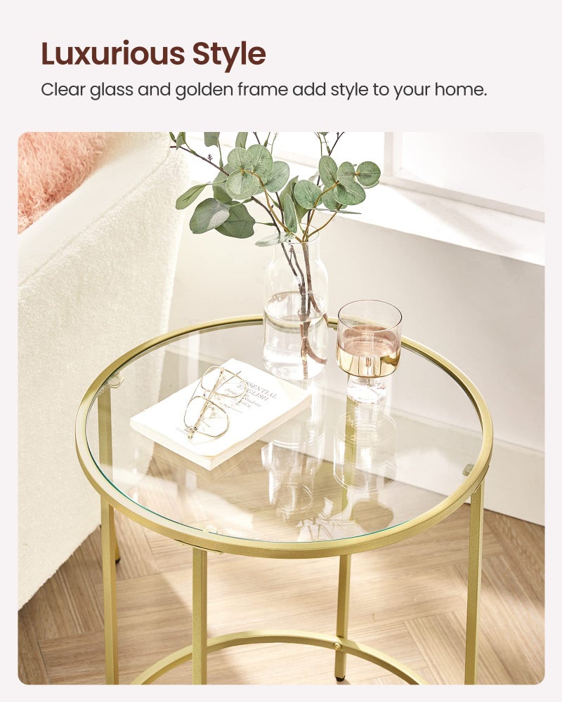 VASAGLE Round Side Table, Glass End Table with Metal Frame, Gold Coffee Table with Modern Style, for Living Room, Balcony, Bedroom, Gold Color - Image 4