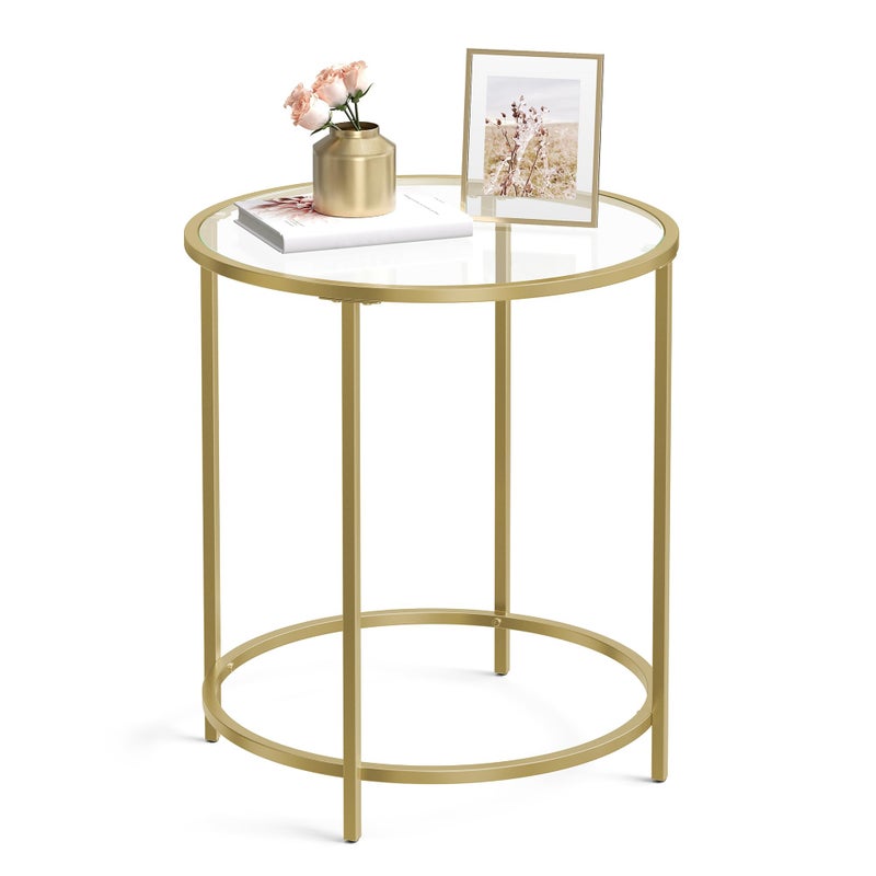 VASAGLE Round Side Table, Glass End Table with Metal Frame, Gold Coffee Table with Modern Style, for Living Room, Balcony, Bedroom, Gold Color - Image 1
