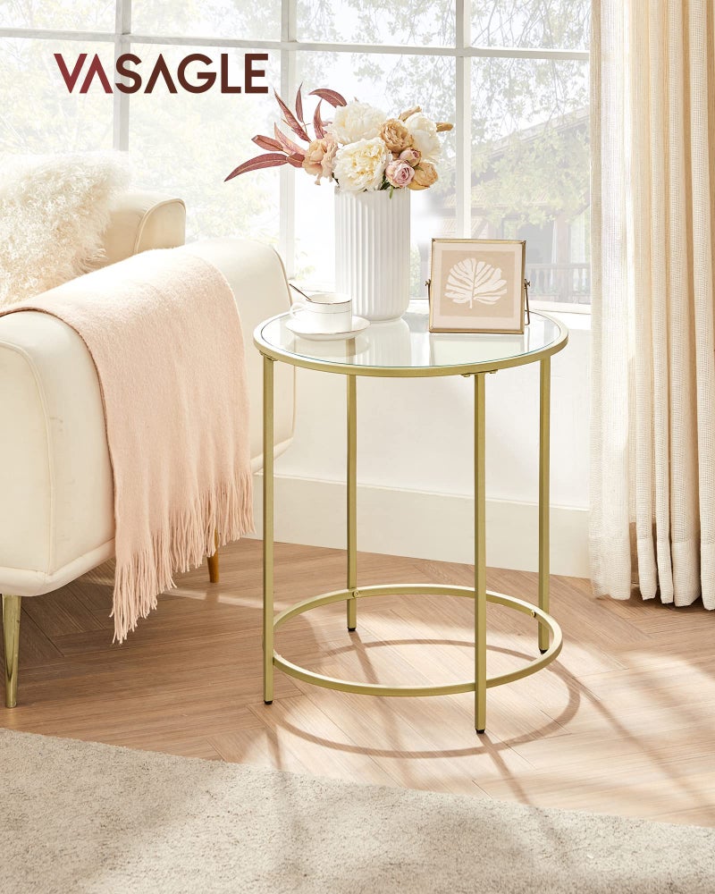 VASAGLE Round Side Table, Glass End Table with Metal Frame, Gold Coffee Table with Modern Style, for Living Room, Balcony, Bedroom, Gold Color - Image 2