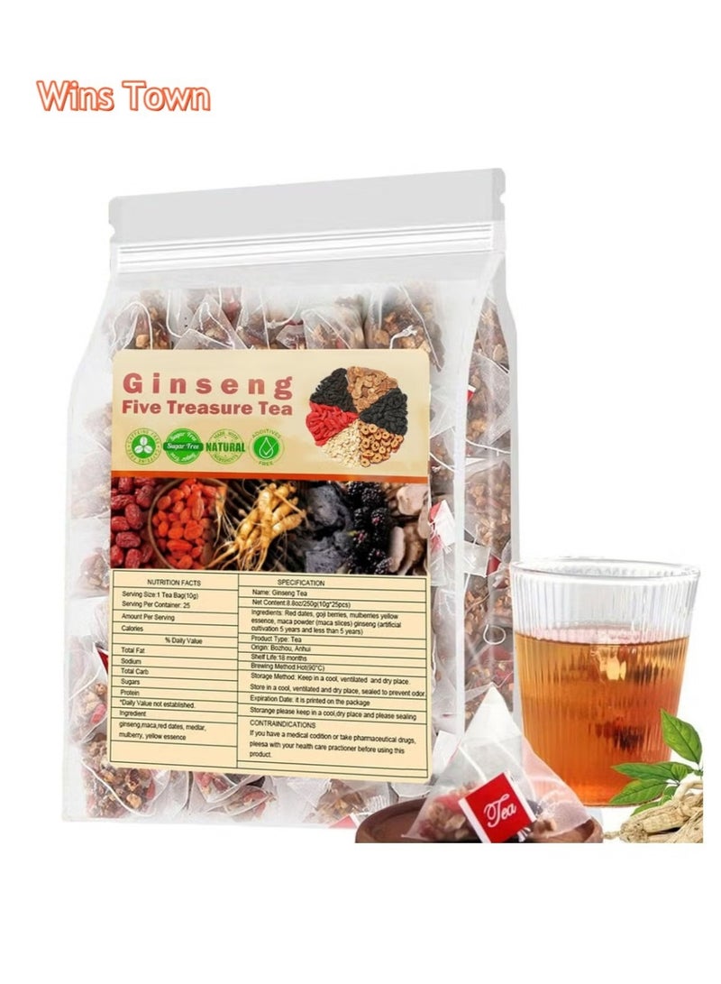 Wins Town Five-Treasure Ginseng Herbal Tea – 20 Sachets (5g Each) | Red Dates, Goji Berries, Mulberries, Astragalus & Ginseng  - Image 1
