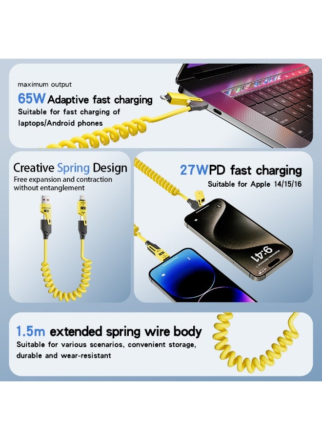 BASEMO 65W+27W Spring-Retractable 4-in-1 Fast Charging Cable - Compatible with Apple iPhone 16/15, Huawei, Xiaomi, Android, Type-C Fast Charging Data Cable, and Car Charging Cable - Image 3