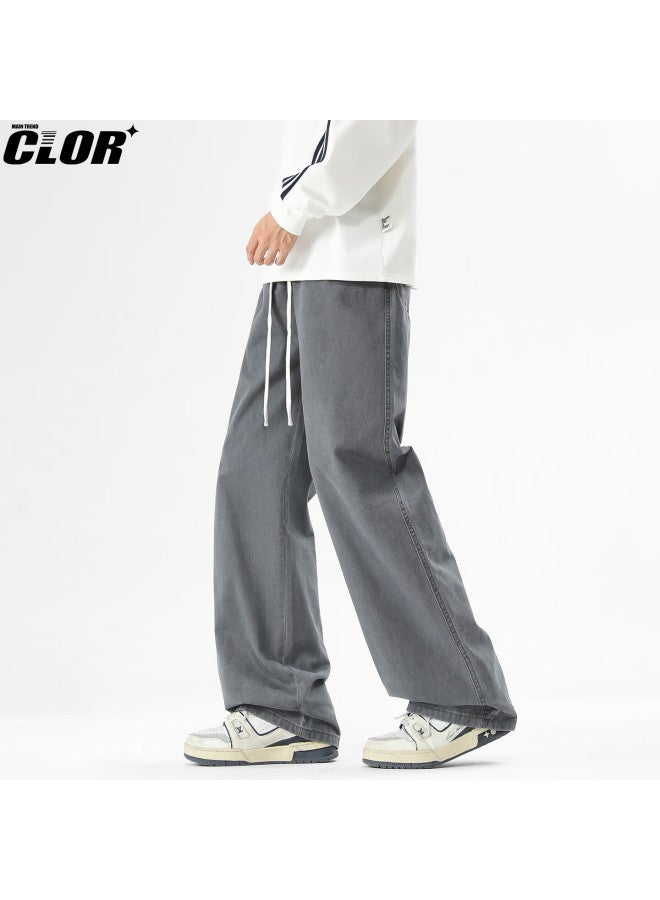 Clor Pure Cotton Straight Wide-leg Jeans For Men Spring Summer Simple Versatile Casual Pants Nz23 Washed Gray 3XL - Image 1