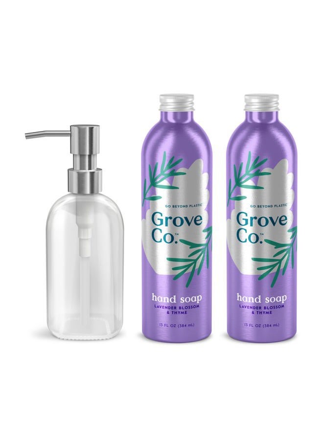 Grove Co. Hydrating Gel Hand Soap Refills (2 x 13 Fl Oz) + 1 x Reuseable Glass Soap Dispenser, Plastic-Free & Liquid Refillable Starter Kit, Natural Lavender Blossom & Thyme Fragrance - Image 1