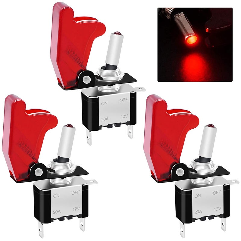 Twidec3Pcs Rocker Toggle Switch 12V 20A Heavy Duty Racing Car Automotive Auto SPST ONOff Toggle Switch Red LED Light Illuminated 3Pin with Red Waterproof Safety Cover ASW07DRRMZ