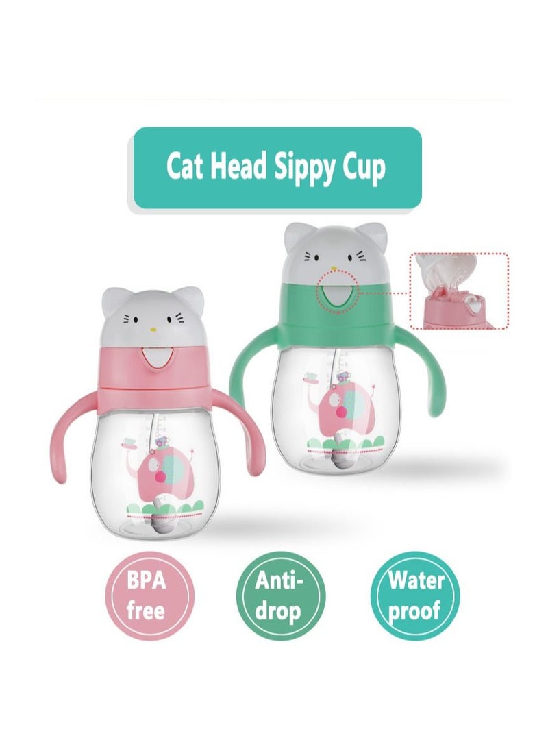 Excefore Straw Cup for Toddlers, 270ML No-Spill Sippy Cups with Weighted Straw, Spill Proof Training Toddler Cups With Handle Baby Cartoon Leak-proof Water Cup 6 Months+ Cute Cat Head Bady Bottle (Pink)  - Image 4