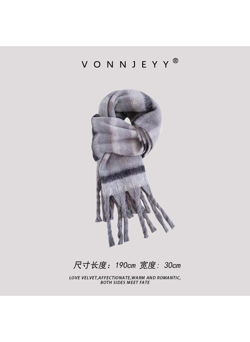 Generic - 2024 New Warm Scarf Men Winter Korean-style Gray Student Thick Shawl Gray striped circle yarn - Image 1