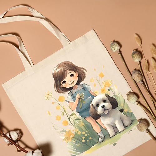 Metsi Canvas Tote Bag For Women, For Painting With Zipper, Reusable Multi-Purpose Cotton Bags For School/Gym/Shopping/Beach & Groceries, Diy Gift Bags, 13"X15" (Girl With Puppy 5),Beige - Image 2