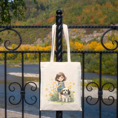 Metsi Canvas Tote Bag For Women, For Painting With Zipper, Reusable Multi-Purpose Cotton Bags For School/Gym/Shopping/Beach & Groceries, Diy Gift Bags, 13"X15" (Girl With Puppy 5),Beige - Image 3