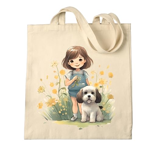 Metsi Canvas Tote Bag For Women, For Painting With Zipper, Reusable Multi-Purpose Cotton Bags For School/Gym/Shopping/Beach & Groceries, Diy Gift Bags, 13"X15" (Girl With Puppy 5),Beige - Image 1