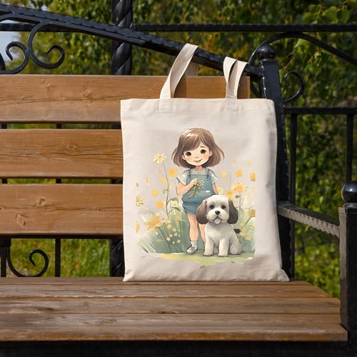 Metsi Canvas Tote Bag For Women, For Painting With Zipper, Reusable Multi-Purpose Cotton Bags For School/Gym/Shopping/Beach & Groceries, Diy Gift Bags, 13"X15" (Girl With Puppy 5),Beige - Image 4