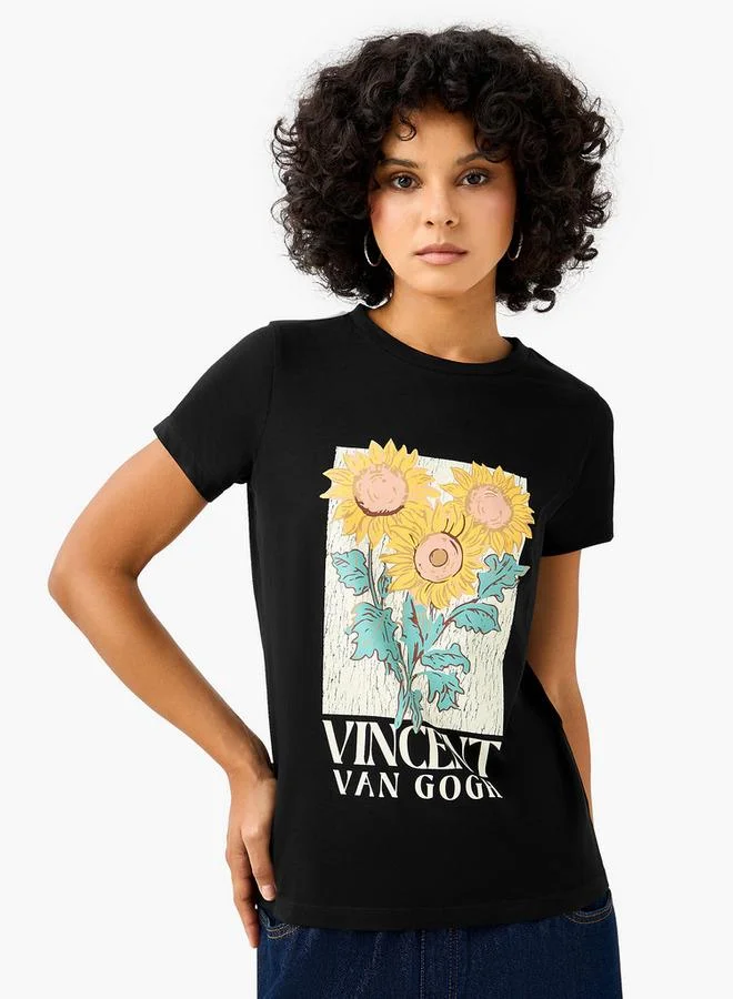 SP Characters Cotton T-shirt with Vincent Van Gogh's Sunflowers Print