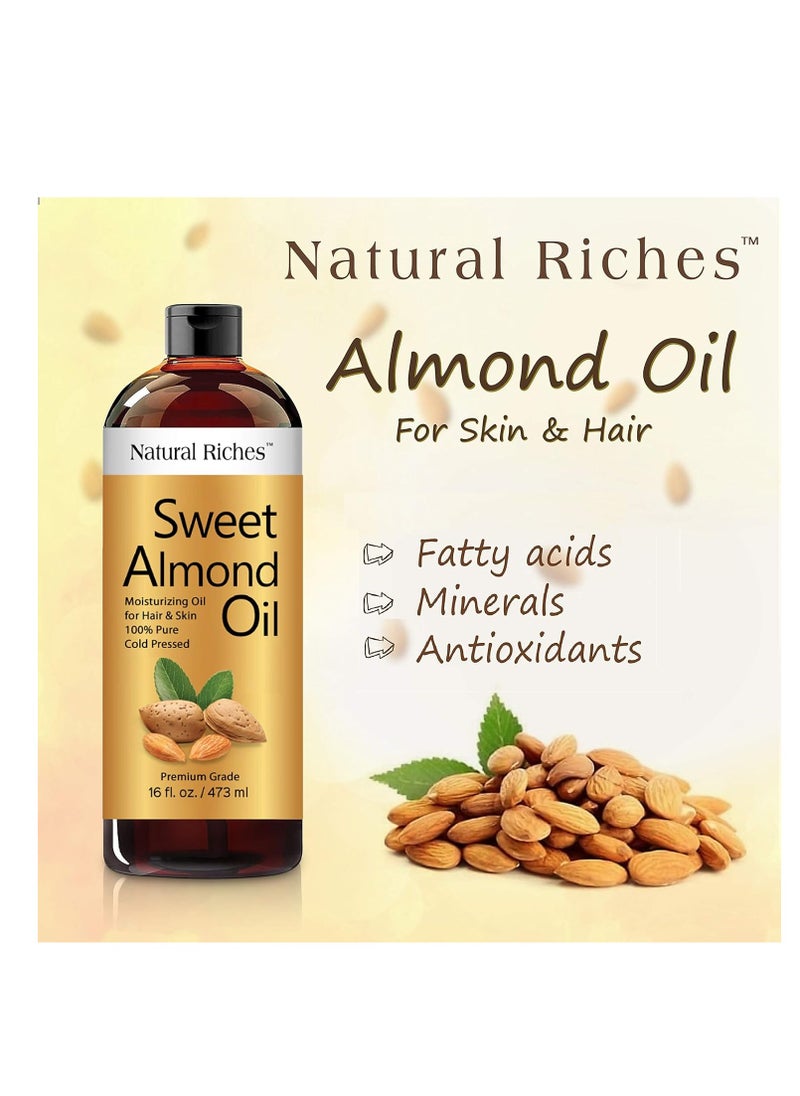 Natural Riches Natural Riches Sweet Almond Oil Cold Pressed, Triple A Grade, Pure and Natural Hexane free Soothing Vitamin E Oil for Skin, Facial Polish, Full Body Massages, Made in USA 16 FL oz.  - Image 2