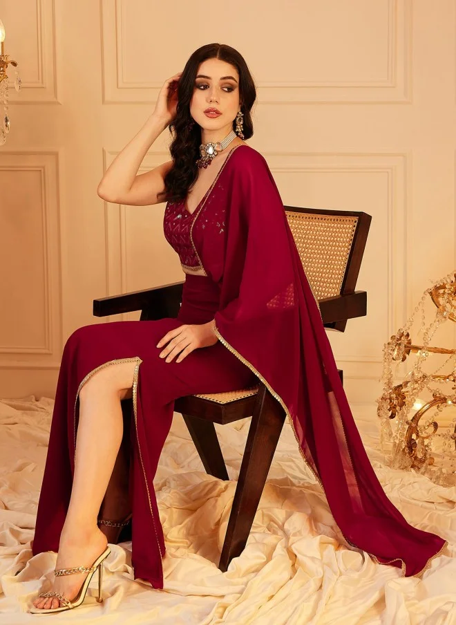 Indo Street Embellished V Neck Top & Skirt Set for Women