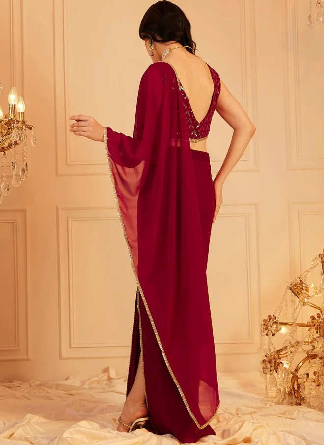 Indo Street Embellished V Neck Top & Skirt Set for Women