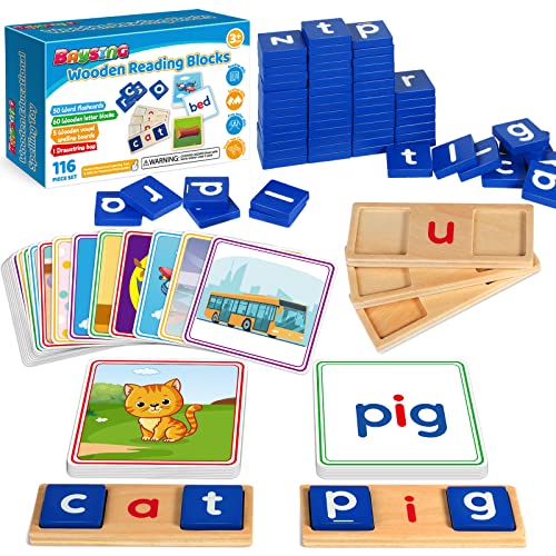 BAYSING Learning Toys for 3 4 5 Years Old Kids 116Pcs Short Vowel Letters Sorting Spelling Reading Toy Set with DoubleSided Flash Cards Preschool Kindergarten Learning Activities Toy for Boys Girls - Image 1