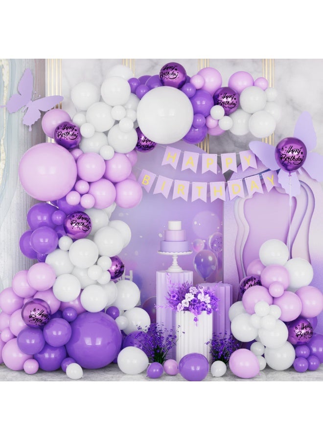 Purple Birthday Balloons, 96 Pcs Garland Kit Balloons Lilac and White with Birthday Banner Metallic Purple Balloon Lavender Decorations for Girls and Women - Image 1