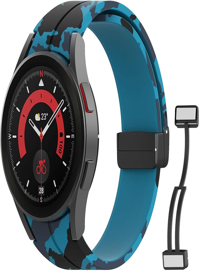 MoKo Band Compatible with Samsung Galaxy Watch 7 FE 6 5 4 40mm 44mm/Watch 6 Classic 43mm 47mm/5 Pro 45mm/4 Classic 42mm 46mm, Silicone Replacement Wristband with Magnetic Buckle, Dark Blue Camo