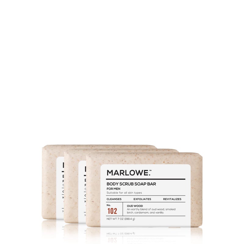 MARLOWE. No. 102 Body Scrub Soap 7 oz (3 Bars), Oud Wood, Exfoliating Soap Bar with Shea Butter, Olive Oil & Green Tea Extracts, Cleanses, Smooths & Revitalizes Skin, Earthy & Smoky Scent - Image 1