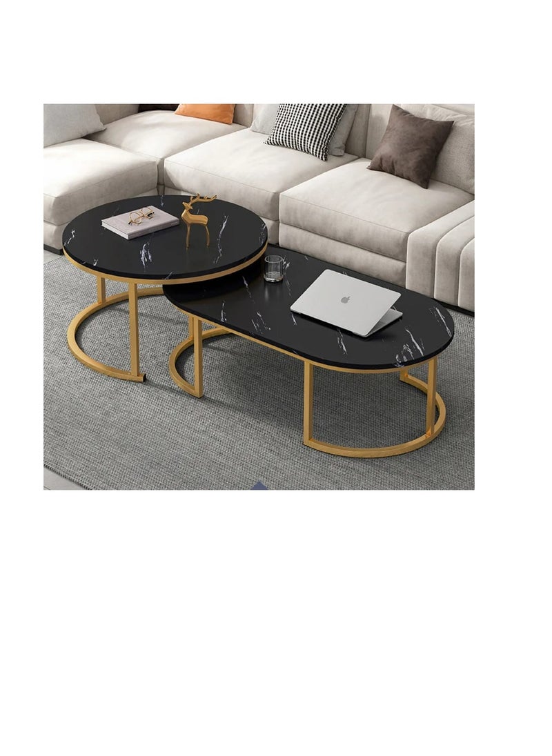 Generic Round Coffee Tables, Set of 2 End Table, Nesting Tables, Oval Side Table with Metal Frame for Living Room/Bedroom/Balcony/Office/Apartment,  (Gold Frame, black Marble Top)  - Image 1