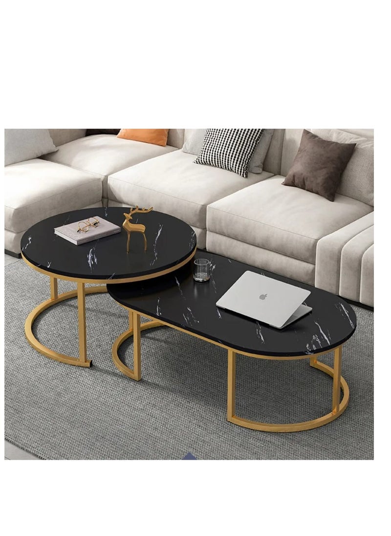 Generic Round Coffee Tables, Set of 2 End Table, Nesting Tables, Oval Side Table with Metal Frame for Living Room/Bedroom/Balcony/Office/Apartment,  (Gold Frame, black Marble Top)  - Image 2