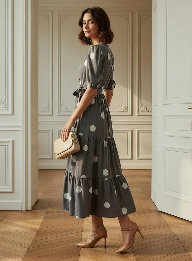 Splash FAV Polka Dot Print Midi Tiered Dress with Short Sleeves and Tie-Up Detail