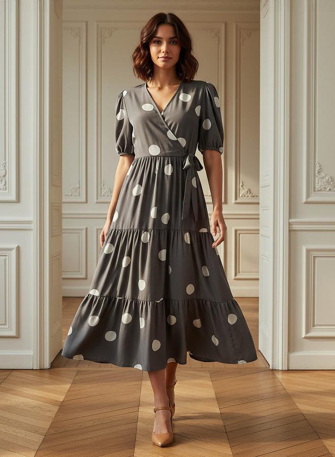 Splash FAV Polka Dot Print Midi Tiered Dress with Short Sleeves and Tie-Up Detail - Image 1
