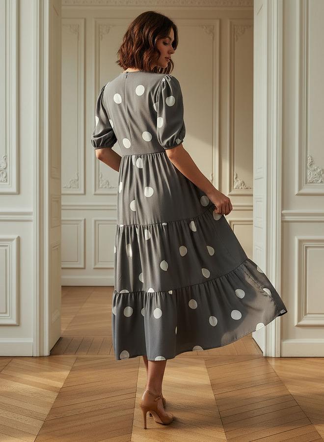 Splash FAV Polka Dot Print Midi Tiered Dress with Short Sleeves and Tie-Up Detail - Image 3