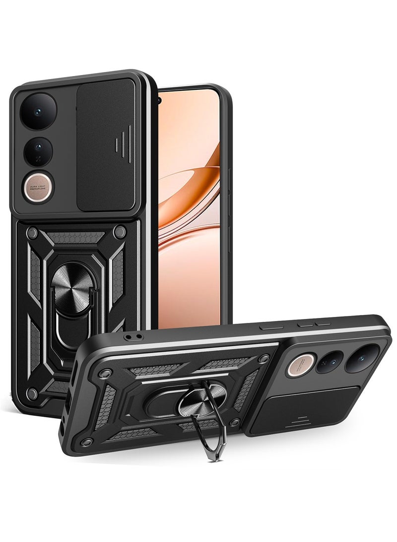 اليشمك لـ vivo V50 Lite 5G غطاء الحالة ، غطاء عدسة الكاميرا الشريحة ، حامل الحلقة المغناطيسية حالة الهاتف الوقائي لـ vivo V50 Lite 5G ، الأسود. - Image 1