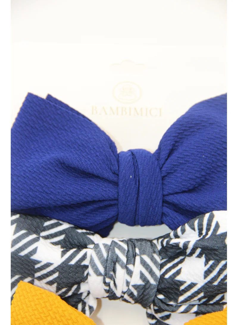 Bambimici Mira Assorted Big Ribbon Bow Headband For Babies Royal Blue, Yellow & Checkered Print