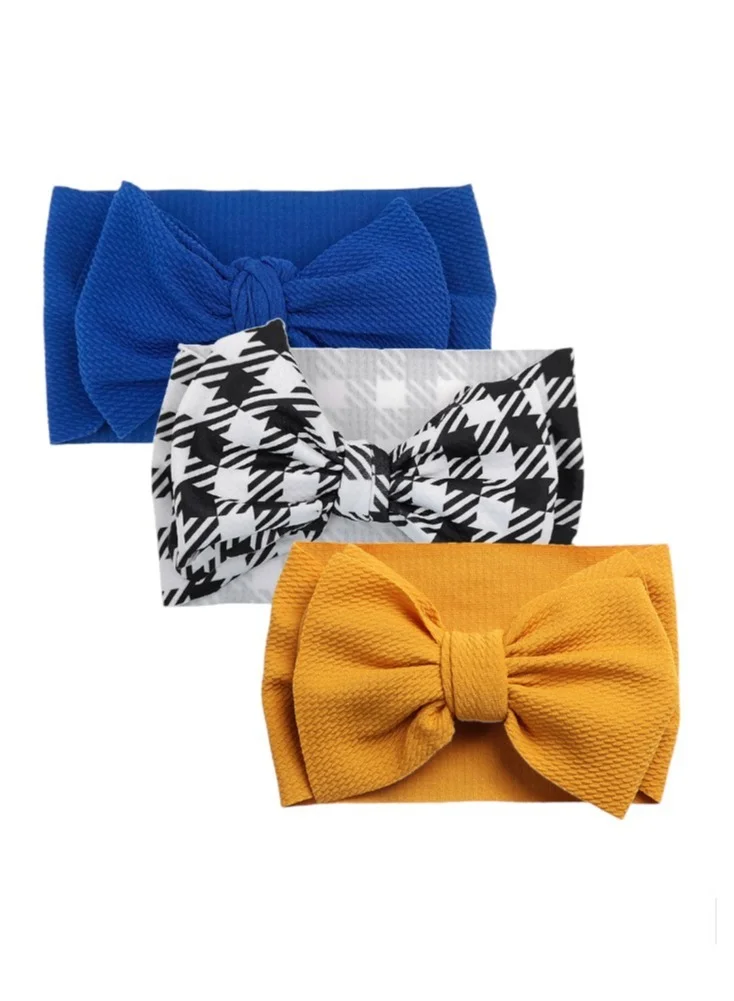 Bambimici Mira Assorted Big Ribbon Bow Headband For Babies Royal Blue, Yellow & Checkered Print