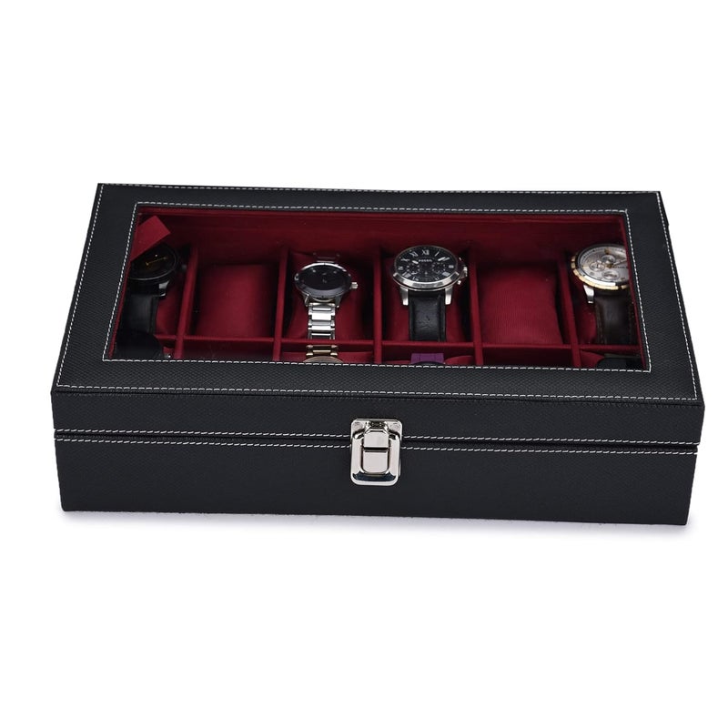 STORESHINE Unisex 12 Slots Watch Box Organizer PU Leather Wrist Watches Acrylic Display Case Storage Box in Black and Maroon Color - Image 3
