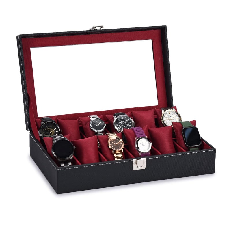 STORESHINE Unisex 12 Slots Watch Box Organizer PU Leather Wrist Watches Acrylic Display Case Storage Box in Black and Maroon Color - Image 1