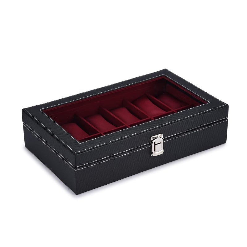 STORESHINE Unisex 12 Slots Watch Box Organizer PU Leather Wrist Watches Acrylic Display Case Storage Box in Black and Maroon Color - Image 4
