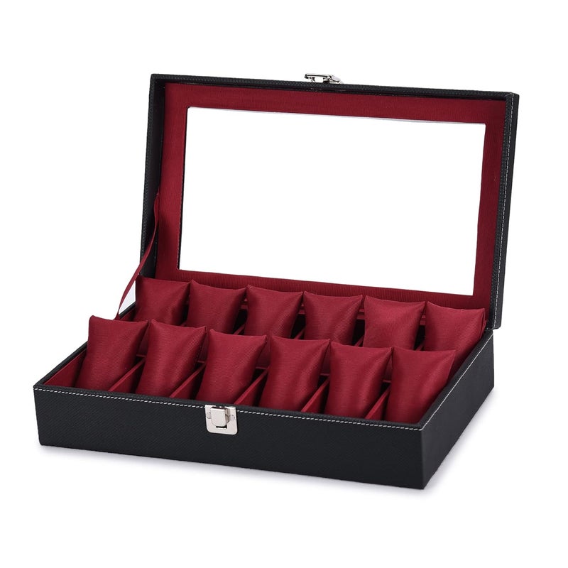 STORESHINE Unisex 12 Slots Watch Box Organizer PU Leather Wrist Watches Acrylic Display Case Storage Box in Black and Maroon Color - Image 2