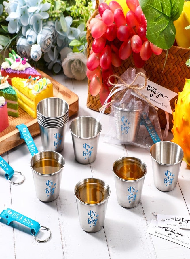 Vesici 25 Sets Baby Shower Favors 1.5 oz Stainless Steel Shot Glasses Cute Bottle Opener Keychains Thank You Tags Bags Thanksgiving/Fall/Gender Reveal Party Return Gift Guest (Blue) - Image 5
