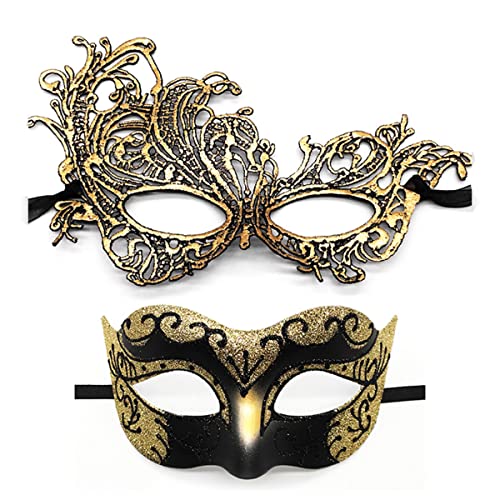 Cosmer Masquerade Mask for Couples Lace Eye Mask Venetian Carnival Halloween Mask Party Ball Prom Mask Costume Mardi Gras Cosplay 2Pack (Gold) - Image 1