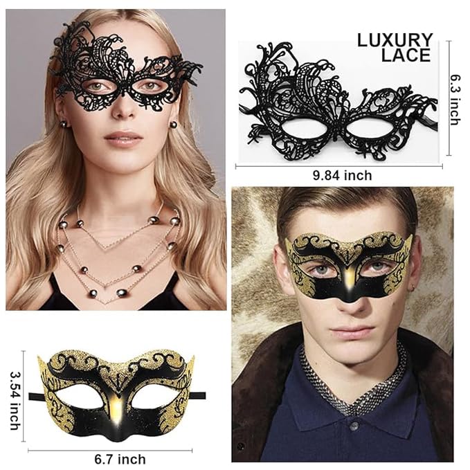 Cosmer Masquerade Mask for Couples Lace Eye Mask Venetian Carnival Halloween Mask Party Ball Prom Mask Costume Mardi Gras Cosplay 2Pack (Gold) - Image 5