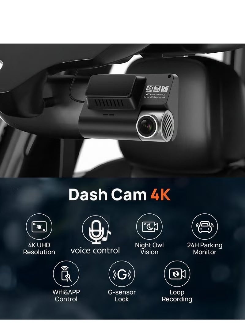 Dash Cam Front and Rear, 4KFull HD Dash Cam, Free 128GB Card, Built-in Wi-Fi GPS, 3-inch IPS Screen, Night Vision, 170° Wide Angle, WDR, 24-hour Parking - Image 3