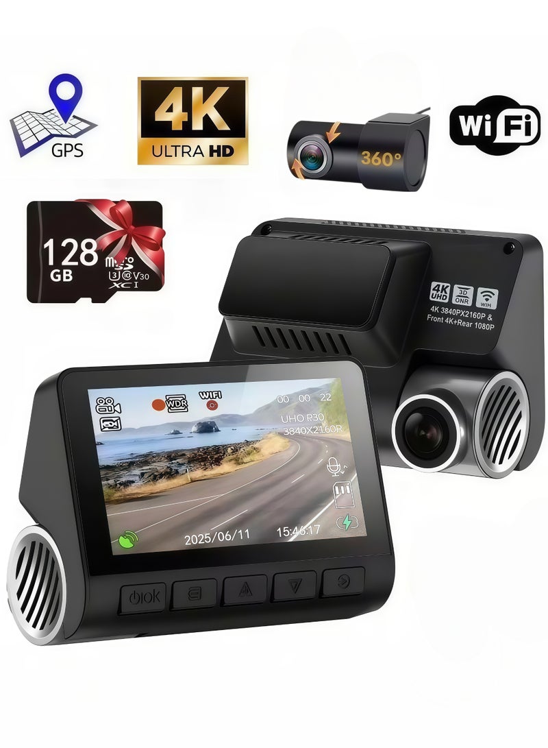 Dash Cam Front and Rear, 4KFull HD Dash Cam, Free 128GB Card, Built-in Wi-Fi GPS, 3-inch IPS Screen, Night Vision, 170° Wide Angle, WDR, 24-hour Parking - Image 1