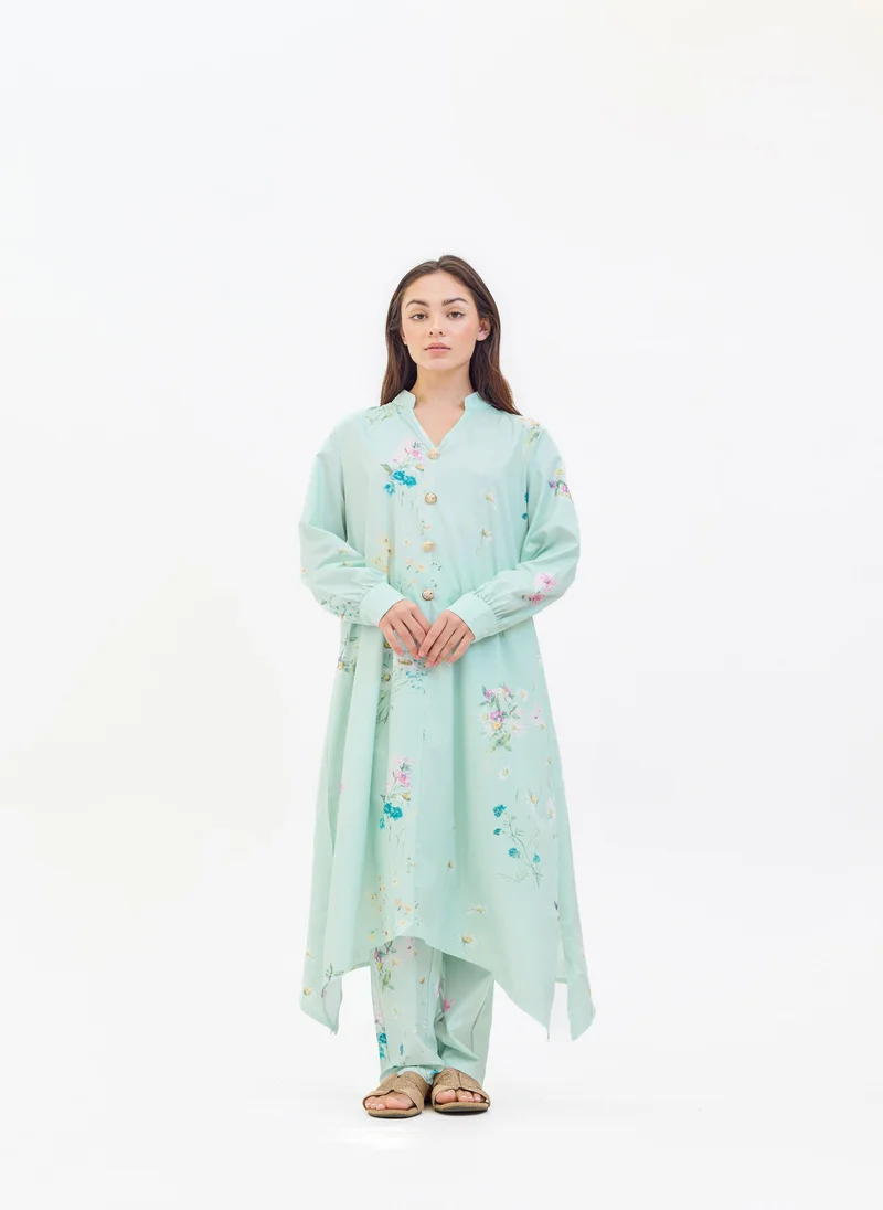 Hassal Two Piece Mint Floral Printed Suit