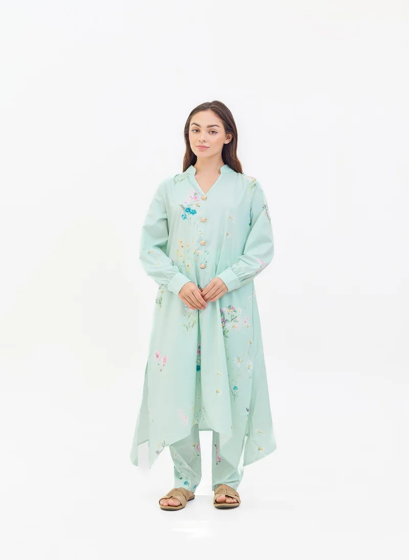 Hassal Two Piece Mint Floral Printed Suit